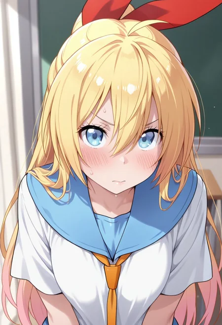 masterpiece,best quality,amazing quality, kirisaki chitoge, long hair, blonde hair, blue eyes, 1girl, solo, school uniform, blush, sweatdrop, serafuku, looking at viewer, short sleeves, ribbon, hair ribbon, hair between eyes