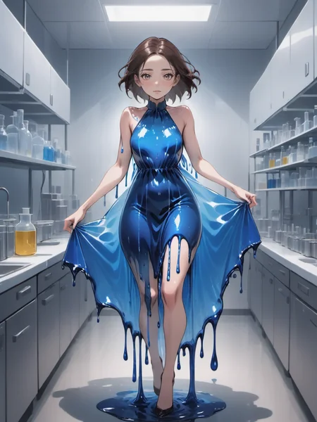 a beautiful woman wearing a Indigo Blue (liquid dress) Casual "off-guard" candid shot in Food Science Laboratory, <lora:xl_liquid_dress-1.0:0.8>,
Steadicam Shot, [full body],
stupid,
Slicked Back,
Dark Brown hair,