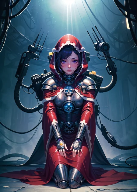 (1girl, dark blue hair short hair hime cut, purple eyes, , nose blush) (digital) ( kneeling in detailed canal, (skull, tube, science fiction, extra arms, hood, robe, glowing eyes, mechanical arms, steampunk, armor)) , best quality, <lora:boldline:0.2> <lora:hairdetailer:0.2> techpriest <lora:techpriest:1>