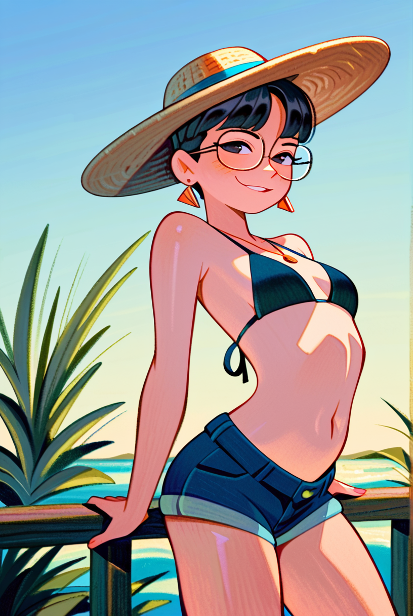 frdbns, masterpiece, amazing quality, best quality,  aesthetic, traditional media, 1girl, short black hair, glasses, earrings, necklace, slight smile, parted lips, large straw beach hat, arched back, exposed navel, bikini top, short shorts, looking at viewer, outdoors, tropics, blue skies,