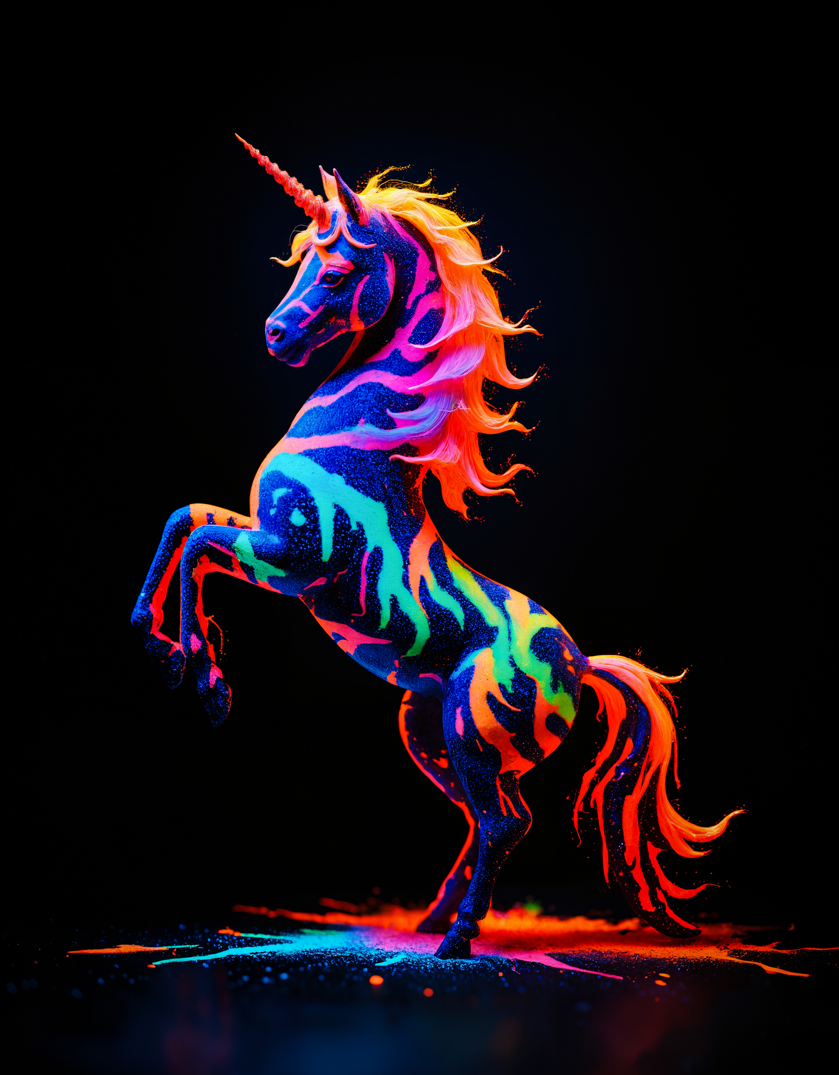 zavy-flrscnc, fluorescent, glowing dust, fluorescent dust, fluorescent spraypaint, fluorescent grain, dust, cinematic film still of the splatter patterns meticulously form the silhouette of a majestic colorful unicorn, photorealistic, 100mm f/2.8 macro lens,