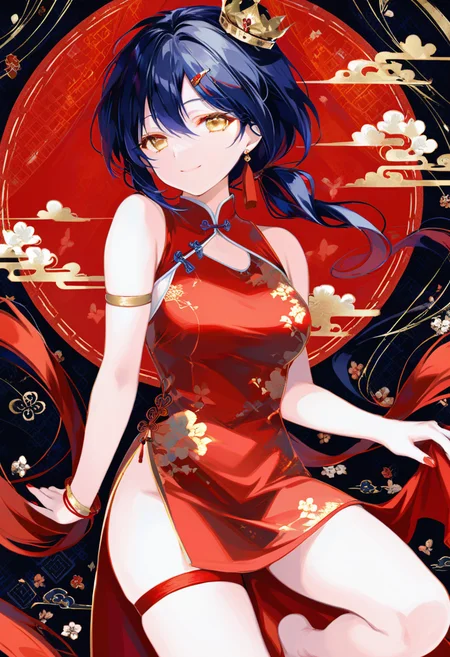 absurdres,incredibly absurdres,huge filesize,wallpaper,colorful,
1girl,solo,short hair with long locks,yellow eyes,hair between eyes,hair ornament,ponytail,low ponytail,dark blue hair,double ponytail,single earrings,bracelet,gloves,Chinese dress,chinese clothes,anklet,crown,red fringe,sleeveless,sleeveless cheongsam,red toenail polish,jewelry,bare shoulders,bangs,closed mouth,smile,earrings,short hair,red nails,sleeveless dress,short sleeves,no shoes,bare legs,detached sleeves,red tassel,thigh strap,upper body,
front view,white neckline,<lora:HyatsuXLlokr8f-000183:0.7>,