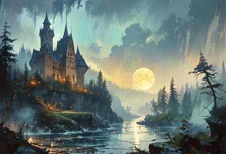 Dracula's castle on a hill, trees, turbulent rivers, dark sky, large full moon. oil painting, ethereal, fantasy, hyperdetailed, mist, horror, sinister by Greg Rutkowski, Gustave Doré, Thomas Kinkade and James Gurney