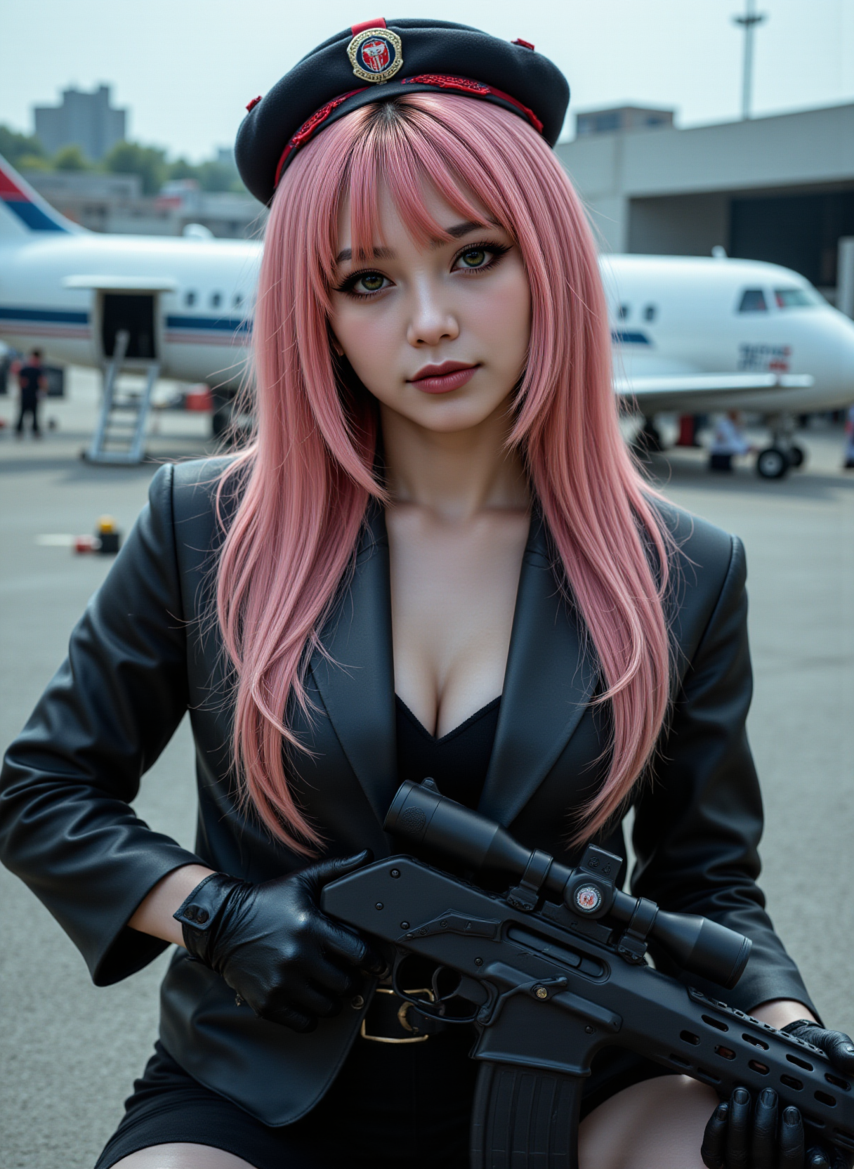 full body view, photoshoot poses, dynamic angles, multiple angles, photoshoot poses; a photo of Rui_WT in a futuristic style, with a red ribbon in her hair, pink hair,holding a gun in her hand, and wearing a black hat. She is standing on a platform, overlooking a hanger, with a gun in her hand, and her outfit includes a black hat, a black jacket, and black boots. daytime,  The scene is set in a gritty well lit environment, with a sense of action and adventure. Style: realistic hyper-detailed rendering, 32k UHD, expressive eyes, punk, graphic design, girl's face, pretty and cute, gleaming lips, telling a tale of adventure. Exuding confidence and serenity. The overall mood of the image is happy and relaxed,detailed skin texture,(blush:0.2),(goosebumps:0.3),subsurface scattering,with a playful and whimsical tone, aidmafluxpro1.1, aidmarealisticskin, detailed hand, perfect hands, 