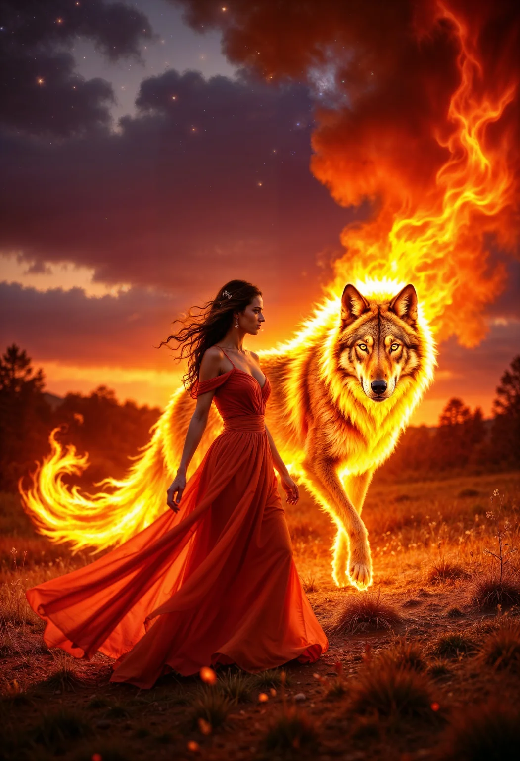 A glowing meadow at twilight, where an ethereal woman in a flowing, fiery orange dress walks gracefully, her impossibly long train flickering like flames. Beside her strides a massive fire wolf, its fur made entirely of roaring flames that illuminate the meadow in warm, golden light. The sky is painted in shades of deep purple and crimson, with stars beginning to twinkle above. The fire wolf’s molten eyes and the woman’s serene, glowing presence create a harmonious, mystical scene rendered in breathtaking 8K detail, capturing the vibrant textures of fire, fabric, and nature.