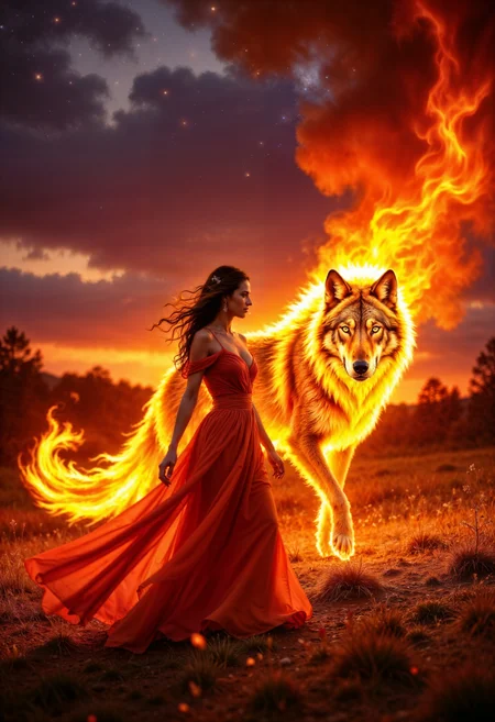 A glowing meadow at twilight, where an ethereal woman in a flowing, fiery orange dress walks gracefully, her impossibly long train flickering like flames. Beside her strides a massive fire wolf, its fur made entirely of roaring flames that illuminate the meadow in warm, golden light. The sky is painted in shades of deep purple and crimson, with stars beginning to twinkle above. The fire wolf’s molten eyes and the woman’s serene, glowing presence create a harmonious, mystical scene rendered in breathtaking 8K detail, capturing the vibrant textures of fire, fabric, and nature.