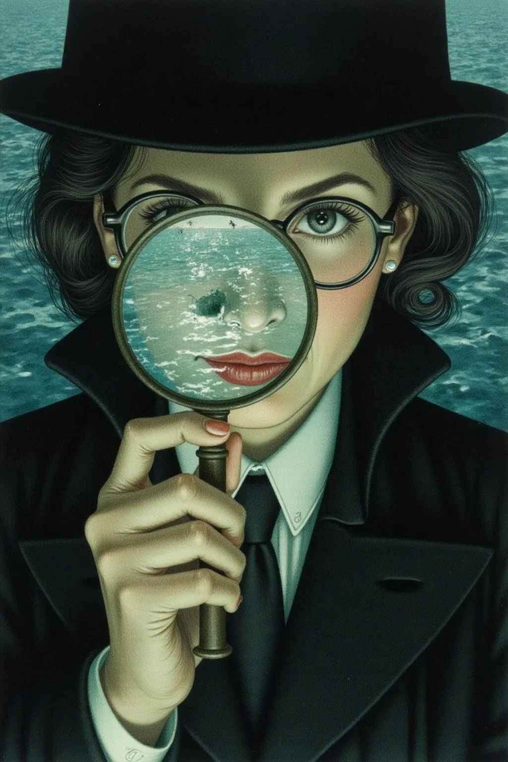 jeanleonhuens1 illustration.
Portrait of a female detective scowling into a magnifying glass. The glass is crystal clear, showing a water portal through the glass. The detective is wearing a pair of old fashion glasses, and a black suit that emanates her shadowy figure. 
  <lora:jeanleonhuens1_ap_d6a3e12:1.0><lora:844823387416210287:0>