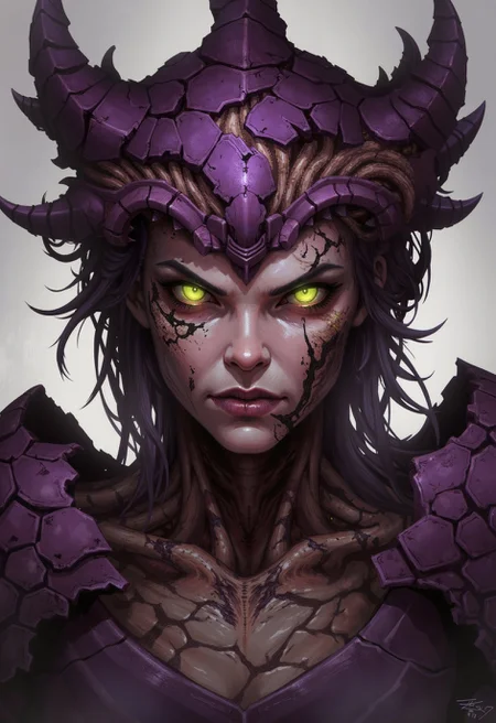 A digital painting portrait in the style of ck-js, featuring a regal yet terrifying female Zerg-inspired character. Her head and shoulders are adorned with thick, overlapping chitinous carapace plates in deep purples and leathery browns, forming a menacing crown or pauldrons. Strands of fleshy membranes or exposed sinew might frame her face or neck. Her eyes glow with a sickly yellow-green bio-luminescence. Her expression is cold, predatory, and intelligent. Focus on the intricate organic detail, her imposing presence, and the unsettling fusion of biology and power.