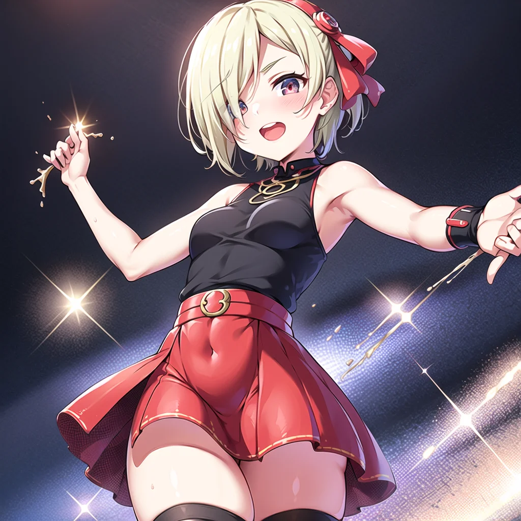 best quality, ultra high res, 1girl, solo focus, ((red mini see through dress)), elbow dress, black thighhighs, frills, ribbons, studio background,floating hair, looking at viewer, facing front,
