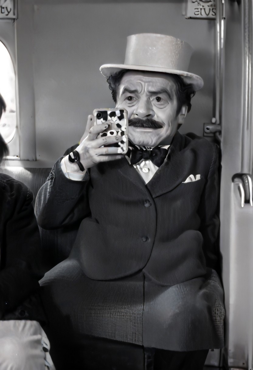 (((black and white, legsonthetra1n, from front, sitting across from viewer, train interior, holding phone, leg focus))),((small man with mustache, top hat, kenbis, chibi, chibi, male only, male, male chibi, monocle, art deco, thick mustache, comically large mustache, handlebar mustache, tiny, multiple men, shrunk, microxl, some little guys,  high angle, from above)), bwMovies, realistic, photo, vintage photo, ((very small man, small man, a small man, a man who is small, a small man)), an unapologetically small human male, black and white, smiling, very happy, euphoric, ecstatic, wonderful small men, large smile, huge smile