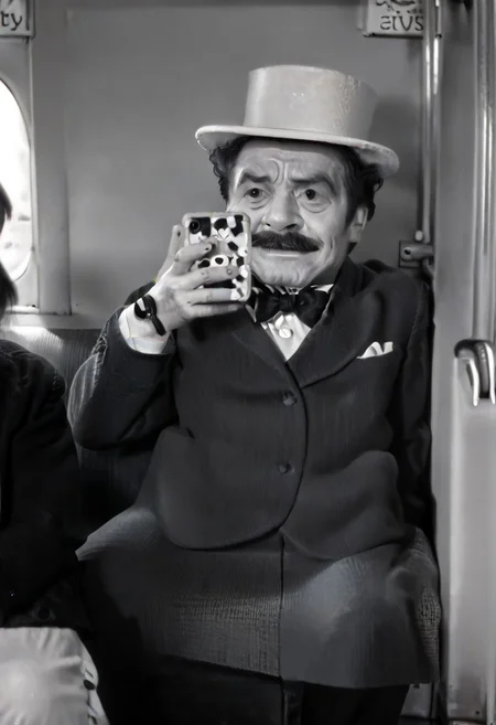 (((black and white, legsonthetra1n, from front, sitting across from viewer, train interior, holding phone, leg focus))),((small man with mustache, top hat, kenbis, chibi, chibi, male only, male, male chibi, monocle, art deco, thick mustache, comically large mustache, handlebar mustache, tiny, multiple men, shrunk, microxl, some little guys, high angle, from above)), bwMovies, realistic, photo, vintage photo, ((very small man, small man, a small man, a man who is small, a small man)), an unapologetically small human male, black and white, smiling, very happy, euphoric, ecstatic, wonderful small men, large smile, huge smile