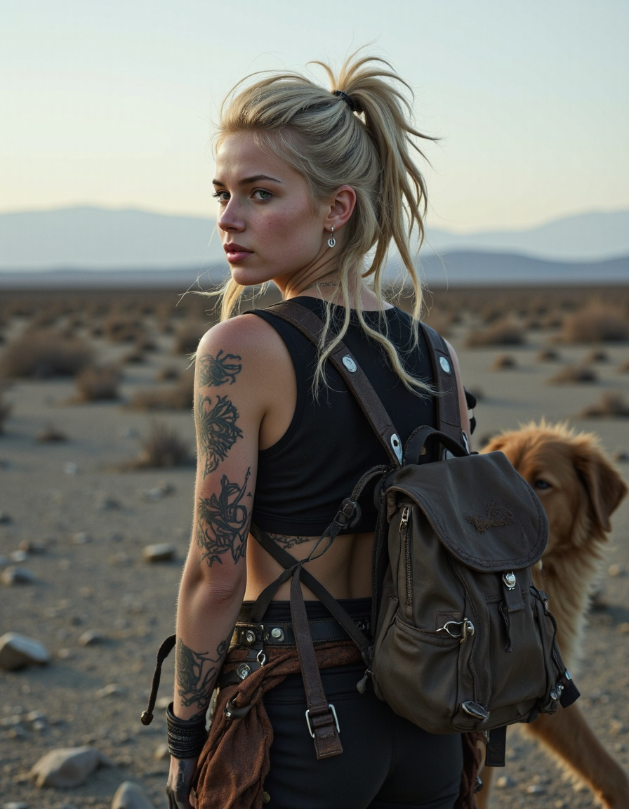 Immerse yourself in a desolate post-apocalyptic world as a techwear-clad female roamer. With messy dreadlocks,piercings,tattoos,accompanied by a large hound,wander through the desolated,barren land. Feel the overwhelming sense of loneliness and melancholy as you gaze into the distance. Utilize HDR and ray tracing to enhance the atmospheric lighting and capture the haunting beauty of the backdrop