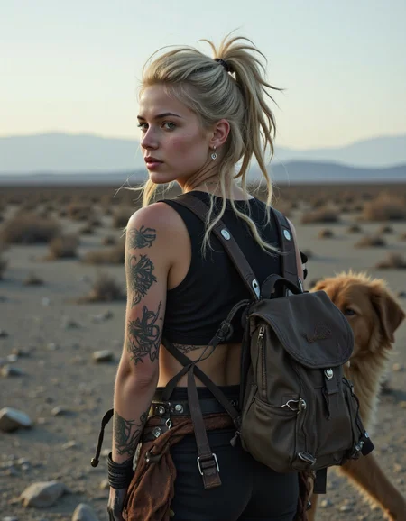 Immerse yourself in a desolate post-apocalyptic world as a techwear-clad female roamer. With messy dreadlocks,piercings,tattoos,accompanied by a large hound,wander through the desolated,barren land. Feel the overwhelming sense of loneliness and melancholy as you gaze into the distance. Utilize HDR and ray tracing to enhance the atmospheric lighting and capture the haunting beauty of the backdrop