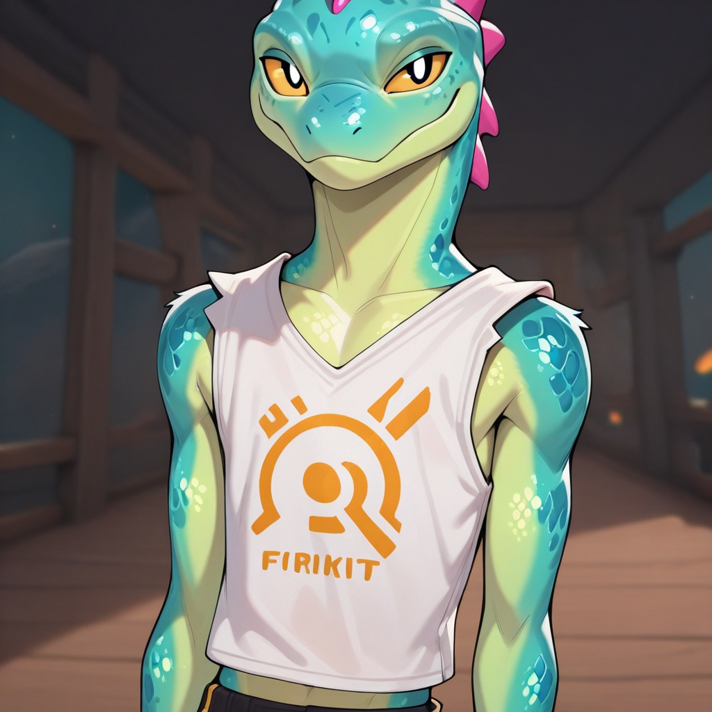 masterpiece, best quality, amazing quality, absurdres, hi res, high quality, 4K, L1zzik, fortnite, furry, green scales, sleeveless white crop shirt, black shorts, 1boy, solo, male, slim body, detailed eyes, yellow sclera, black pupils, front view,detailed background,half-body portrait,head portrait