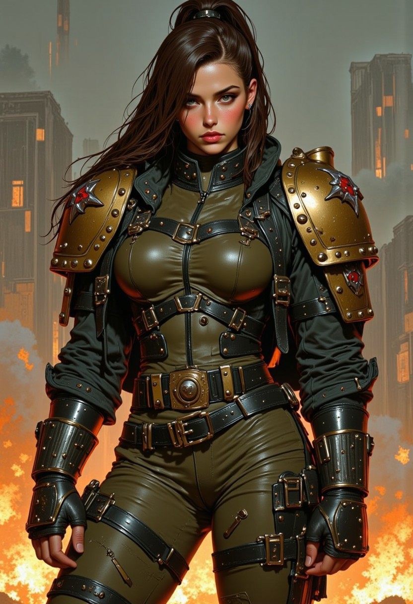 trashpunk, digital art, hyper-realistic, female soldier, full-body shot, standing pose, front view, military armor, green and black armor with gold accents, shoulder pads with red and white insignia, serious expression, light skin, brown hair in a high ponytail, wearing headphones, background with abstract smoke and fire effects, muted color palette, detailed textures, sci-fi setting, futuristic armor design, sleek and rugged look, light source from the front, soft shadows, realistic lighting, slight blush on cheeks, armor has a metallic sheen, intricate details on the armor, high-tech elements, mechanical parts, strong and determined look, no visible background objects, focus on the character, intense and dramatic atmosphere, artist: unknown, digital painting style, high level of detail and realism, cinematic quality, dynamic and powerful composition.