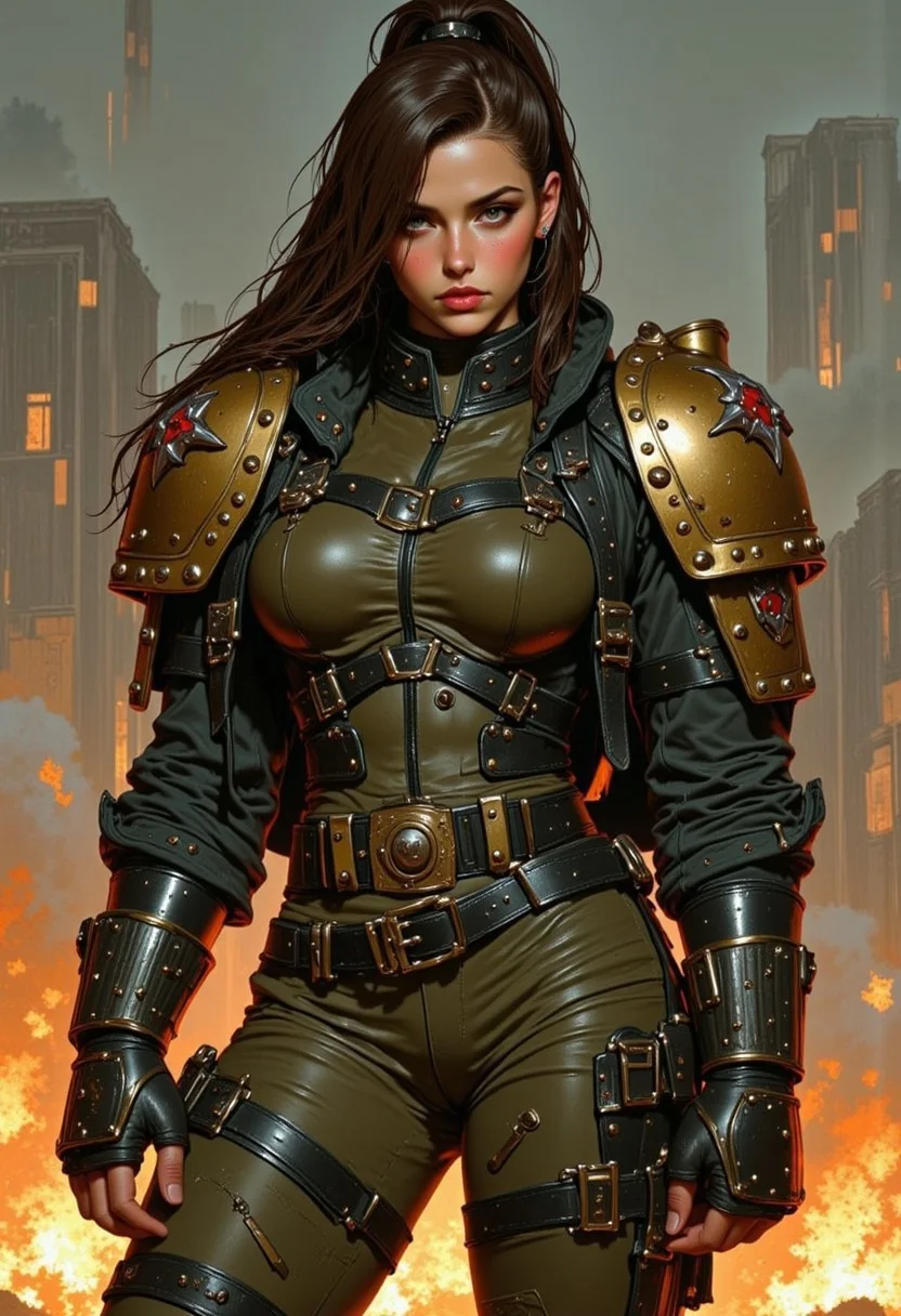 trashpunk, digital art, hyper-realistic, female soldier, full-body shot, standing pose, front view, military armor, green and black armor with gold accents, shoulder pads with red and white insignia, serious expression, light skin, brown hair in a high ponytail, wearing headphones, background with abstract smoke and fire effects, muted color palette, detailed textures, sci-fi setting, futuristic armor design, sleek and rugged look, light source from the front, soft shadows, realistic lighting, slight blush on cheeks, armor has a metallic sheen, intricate details on the armor, high-tech elements, mechanical parts, strong and determined look, no visible background objects, focus on the character, intense and dramatic atmosphere, artist: unknown, digital painting style, high level of detail and realism, cinematic quality, dynamic and powerful composition.