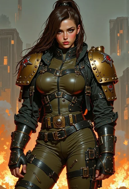 trashpunk, digital art, hyper-realistic, female soldier, full-body shot, standing pose, front view, military armor, green and black armor with gold accents, shoulder pads with red and white insignia, serious expression, light skin, brown hair in a high ponytail, wearing headphones, background with abstract smoke and fire effects, muted color palette, detailed textures, sci-fi setting, futuristic armor design, sleek and rugged look, light source from the front, soft shadows, realistic lighting, slight blush on cheeks, armor has a metallic sheen, intricate details on the armor, high-tech elements, mechanical parts, strong and determined look, no visible background objects, focus on the character, intense and dramatic atmosphere, artist: unknown, digital painting style, high level of detail and realism, cinematic quality, dynamic and powerful composition.