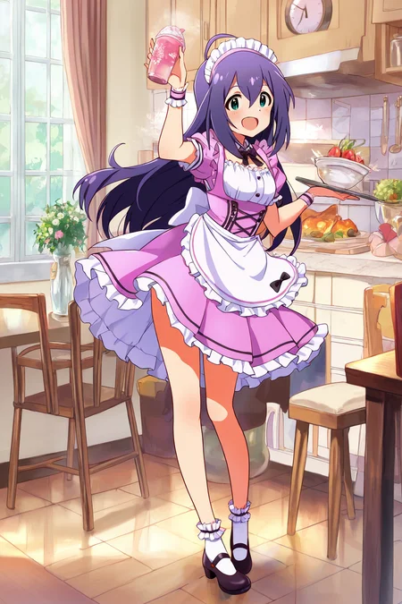 masterpiece,best quality,very aesthetic,absurdres,highres,newest,official art,official style,
1girl,solo,
mochizuki anna,purple hair,green eyes,ahoge,
purple dress,maid headdress,maid,
<lora:eye_focus_illus:1>,eye_focus,
standing,full body,
<lora:idolmaster_mochizuki_anna_ill_v1.0:1>,