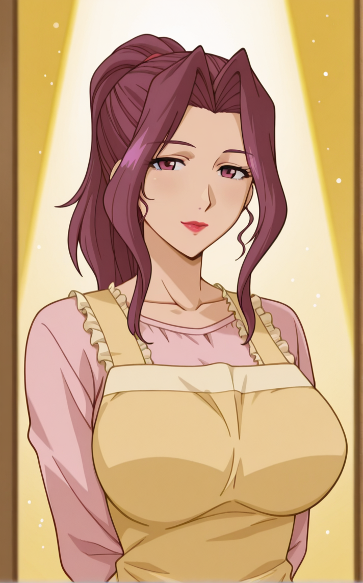 masterpiece, best quality, insaneres, absurdres,contrapposto, arms behind back, cowboy shot, looking at viewer, backlighting, light smile, light particles, blurry background, depth of field, bloom, gradient background, yellow background, spotlight,   <lora:ILLUSTXL_MistreatedBride_MitsukoTakayanagi_ownwaifu:1>, BREAK YellowApron_MitsukoTakayanagi_ownwaifu, 1girl, hair intakes, hair up, lipstick, long hair, makeup, pink shirt, ponytail, purple eyes, purple hair, sidelocks, yellow apron, mature female, long sleeves, frills, collarbone, red lips, large breasts, eyelashes, wedding ring,