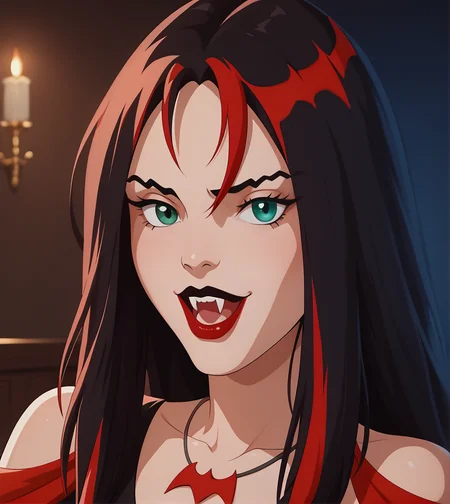 score_9,score_8_up, score_7_up,
hexthorn, 1girl, solo, close up, face focus, portrait, long black hair with red highlights, green eyes,
black and red dress with red draped sleeves, red bat necklace, lipstick,
open mouth, fangs, pointy teeth, vampire,
retro_artstyle, cartoon, source_cartoon, lowres, 1990s_style,
<lora:Thorn_The_Hex_Girls:.9>