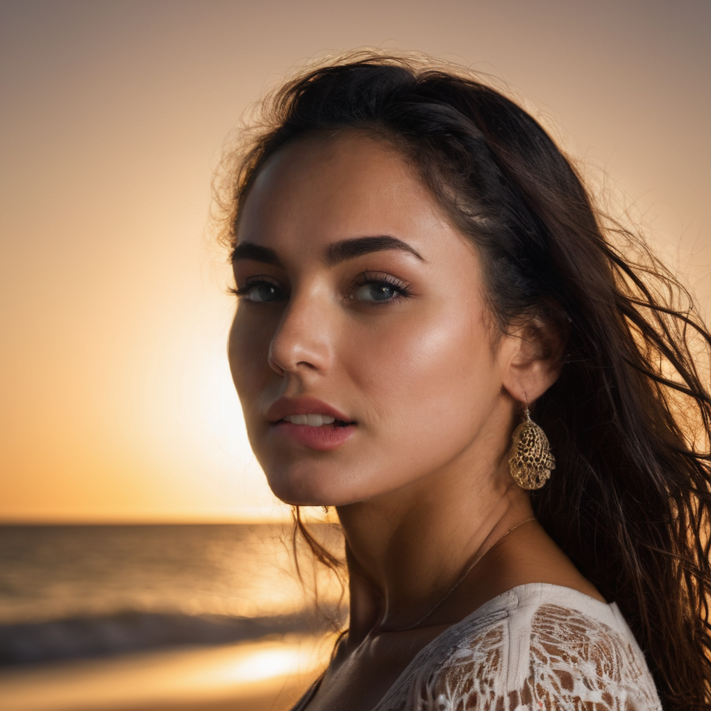 RAW photo, a latina woman on the beach, (lipbite:1.2), skinny, sexy, sunset, dramatic lighting, 8k uhd, dslr, soft lighting, high quality, film grain, Fujifilm XT3 <lora:lipbitev3_SDXL:1.1>