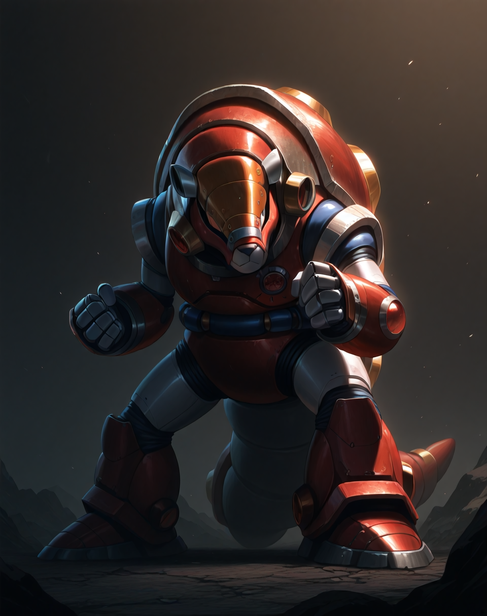 <lora:Armored_Armadillo_(Mega_Man_X)_(Illustrious)_(AD):1> Armored Armadillo, reploid, MMX, 
exterior, mine background with spacious open space, heavy industry, 
male focus, intense shadows, dynamic shadows, intricate details, attention to details, gradient coloring, robot, 
BREAK very awa, masterpiece, best quality, amazing quality, very aesthetic, highres, absurdres, 
EZRealPONYXL, zPDXL, Smooth Quality, lazynsfw,