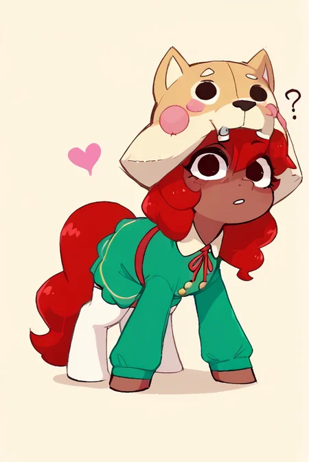 score_9, score_8_up, score_7_up, <lora:shinita:1> shinita , 1 girl , dark-skinned female, red hair, no pupils, green dress, long sleeves, white thighhighs, red ribbon, shaded face, ,dog headwear , confused, looking at viewer, randoseru, heart, <lora:SyrupyyyArt:1>syrupyyy (horse girl, pony female , pony:1.2) ,all fours,