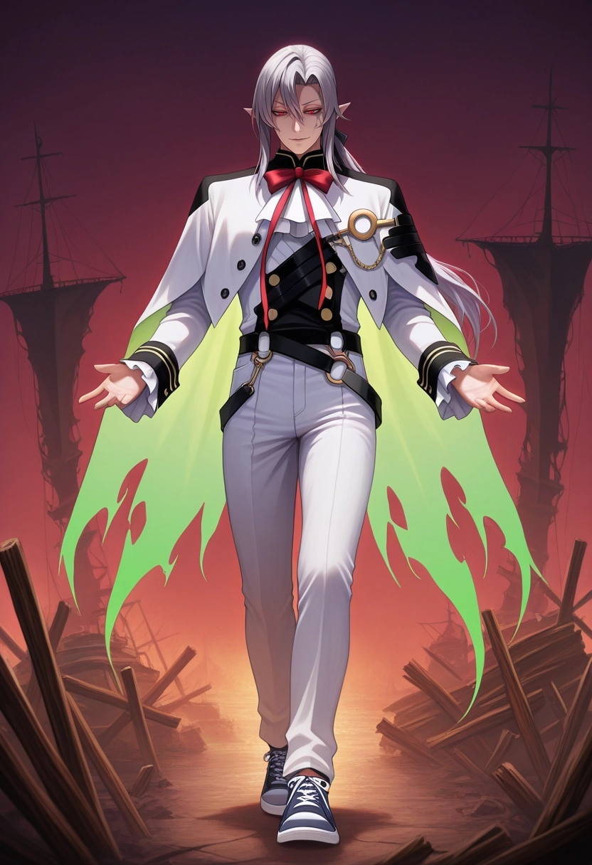 masterpiece, best quality, intricate details, (photorealistic:0.6),, 1boy, solo, male focus, <lora:ferid_bathory_ilxl:0.96>, ferid_bathory, grey hair, red eyes, long hair, hair between eyes, pointy ears, ponytail, white jacket, red bowtie, ascot, cursed ship, rotting wood, glowing green mist, creaking sails, haunting pose, grim expression, spectral atmosphere, Overalls, Linen shirt, Suede sneakers, , andBackpack