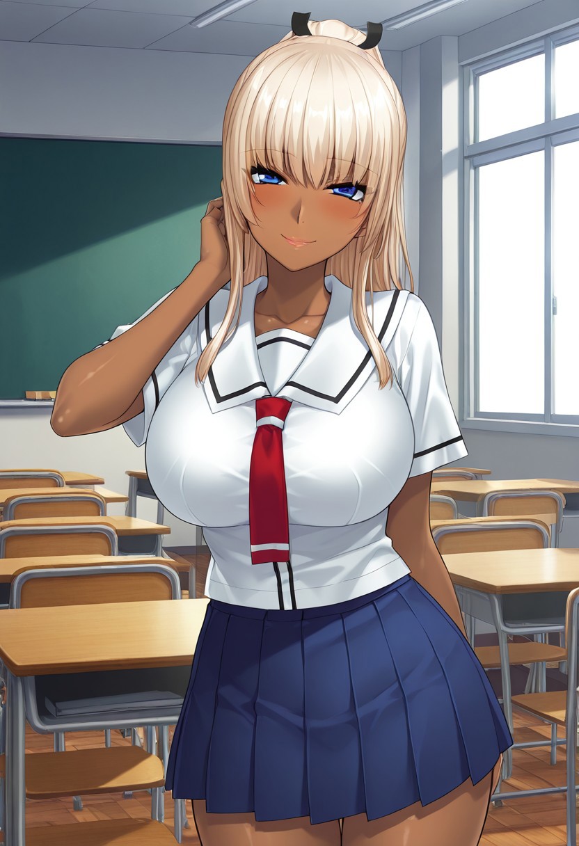 score_9,score_8_up,score_7_up,source_anime,5_figner,2d_animation,BREKE,1girl,solo,
Kunisaki Seika Equites,
long hair,blue eyes, dark skin,blonde hair, Ponytail,lips,
skirt,red necktie ,school uniform, pleated blue skirt, serafuku,
large breasts,smile,blush,
cowboy shot,looking at viewer,front view,
standing, school,class room,desk,chair,blackboard,window, 
masterpiece,best qualit,ultra-detailed,illustration,an extremely delicate and beautiful,beautiful detailed eyes,unity 8k wallpaper,high resolution,anime CG,official_art,