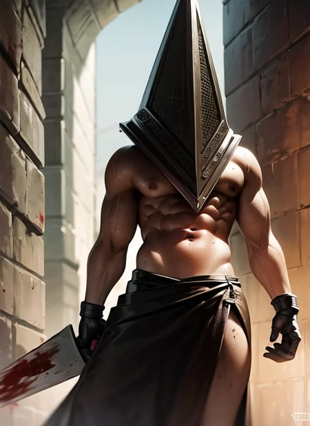 best quality, pyramid head, holding weapon, dungeon, chains, blood, cobblestone, alley, dark <lora:pyramid head:1>