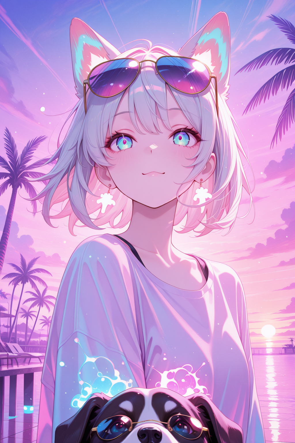 lazympos, detailed_eyes, high_quality, best_quality, highres, subject_focus, depth_of_field, 
animal, dog, vaporwave colors, soft lighting, glowing elements, oversized sunglasses, playful, confidently, pastel sunset, palm trees