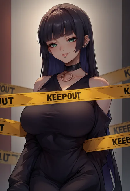 score_9, score_8_up, score_7_up, source_anime, 1girl,  <lora:KeepOut_XLPD:1>, keep out, caution tape,  <lora:Hoseki_BTR_Pasan_PDXL_v1:1> pasan, large breasts, ear piercing, chin piercing, hime cut, choker, black dress, shoulder cutout, sleeves past fingers