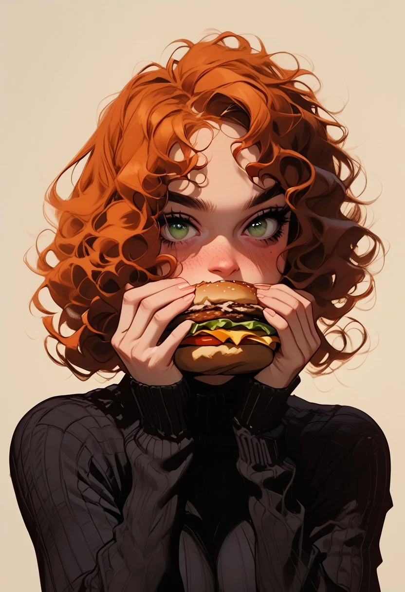 score_9, score_8_up, score_7_up, score_6_up, score_5_up, 1girl, short curly hair, orange hair, green eyes, blush, sweater, burger, bulging muscles, bulging breasts, athletic, dark red lipstick, face focus, close up,