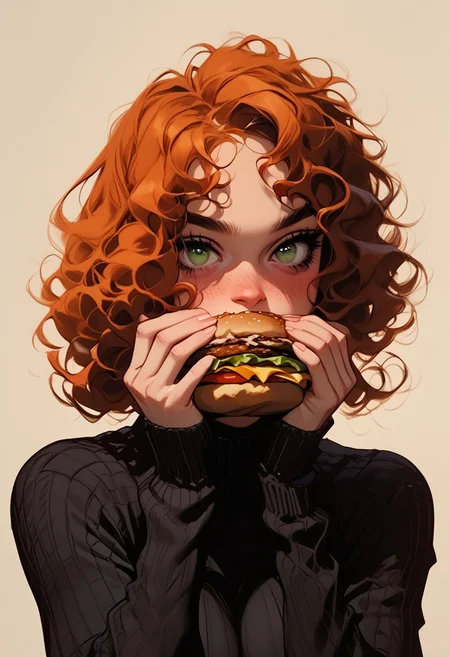 score_9, score_8_up, score_7_up, score_6_up, score_5_up, 1girl, short curly hair, orange hair, green eyes, blush, sweater, burger, bulging muscles, bulging breasts, athletic, dark red lipstick, face focus, close up,