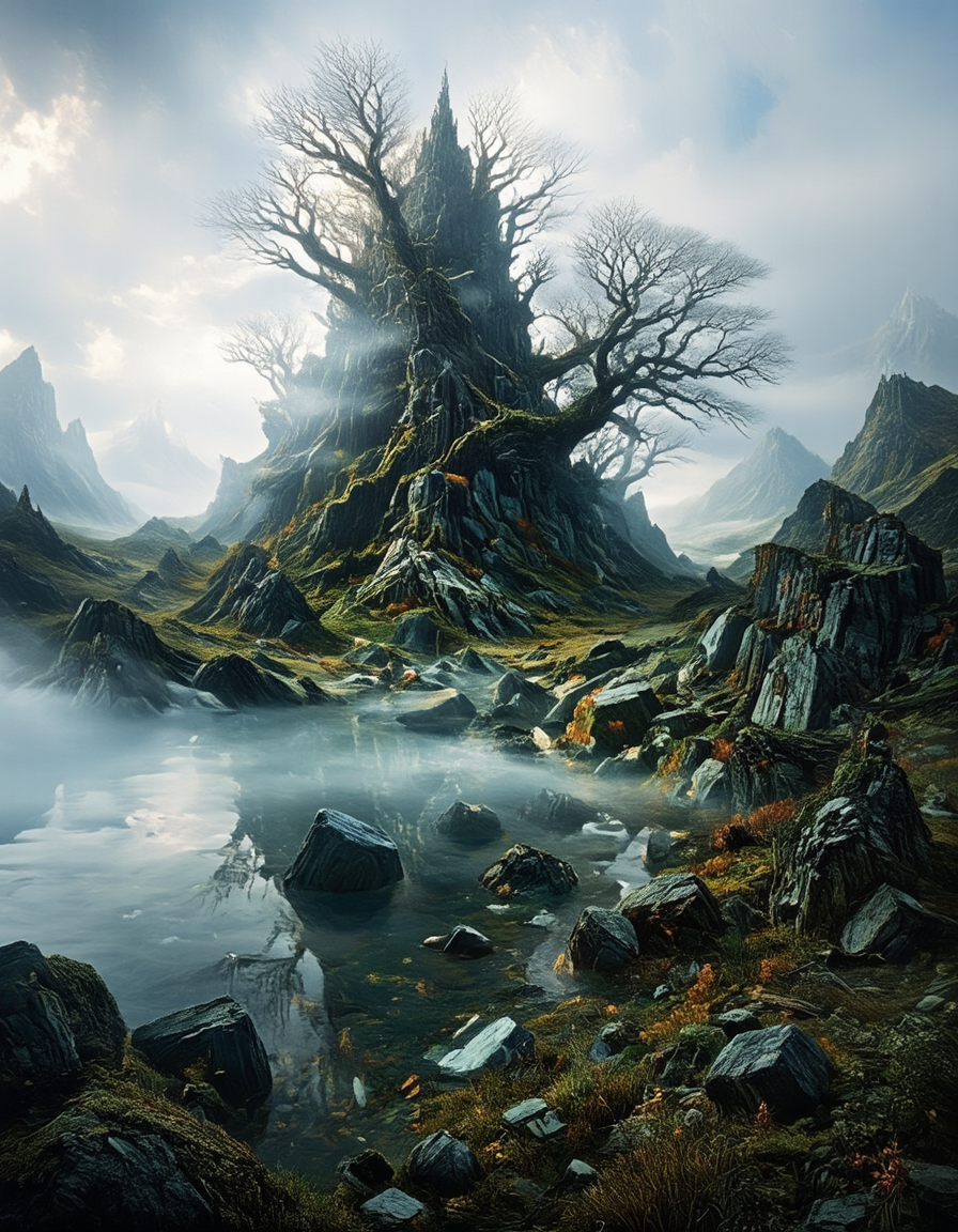 <lora:Medieval_Worlds_Scenery01cflux:1> mwl01, scenery, landscape, mountains, rocks, lake, tree, lots of mist, moss, lost ambiance,