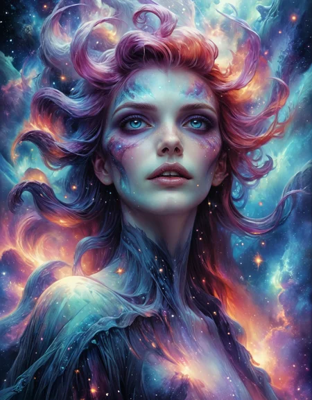 portrait art by Anna Dittmann, (closeup, vibrant, realistic:1.2) , Stars in the sky, elongated and distorted figures, blue and white color scheme, dynamic and detailed, bold and colorful compositions, and imagination, Volumetric Lighting, Bold colors, dark fantasy, & eldritch horror <lora:ral-dark-fantasy-sdxl:1>, deep aesthetic, illustrious, cool colors, magical atmosphere, warm light