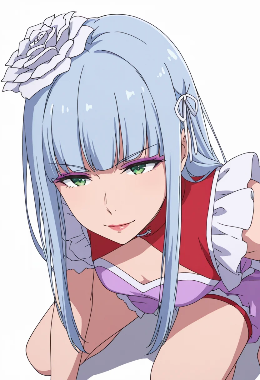 Smooth Quality,masterpiece,very intricate, high quality details, ultra realistic, high detailed skin,detailed enviorement,absurdres,
<lora:Manami_Supernova_CNR:0.8> manami_cnr, 1girl,blue hair, long hair, blunt bangs, green eyes, makeup, lipstick,white flower,hair flower, hair ornament,, simple background, white background, from above,solo,
crouching, one hand on ground, other on knee, intense gaze, balanced stance, ,, \(^o^)/,, cheongsam top, ,peacoat, ,board shorts, ,