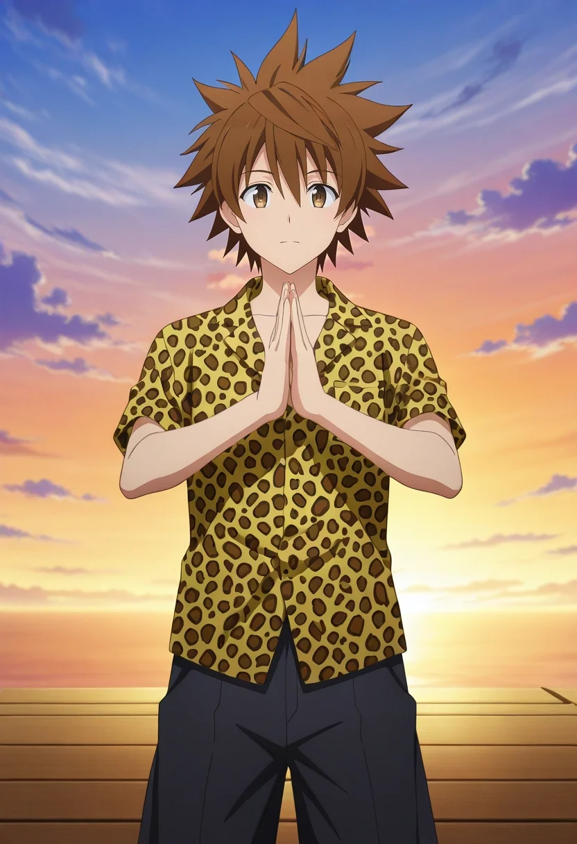masterpiece, best quality, , anime screencap, anime coloring, official style, looking at viewer, 1boy, solo, male focus, <lora:rito_yuuki_ilxl:0.92>, rito_yuuki, brown hair, brown eyes, spiked hair, sky sanctuary, floating altars, cloud shrines, serene vistas, meditating pose, tranquil expression, dawn mist, Tailored board shorts, Leopard print Hawaiian shirt, , ,
