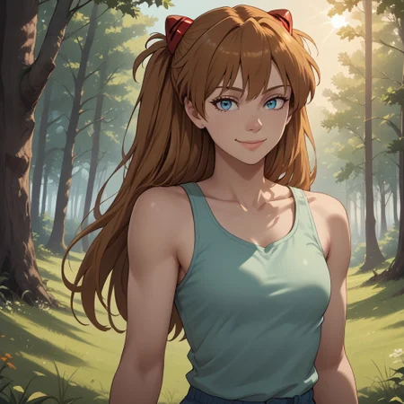 score_9, score_8, BREAK, solo, 1girl, asuka langley soryu, long hair, bangs, blue eyes, brown hair, hair ornament, tank top,light mint green tank top, blue shorts, sexy pose, self portrait, smile, outdoors, sunlight, shadows, evening lighting, natural lighting, forest, trees, grass, orange sky, sunset