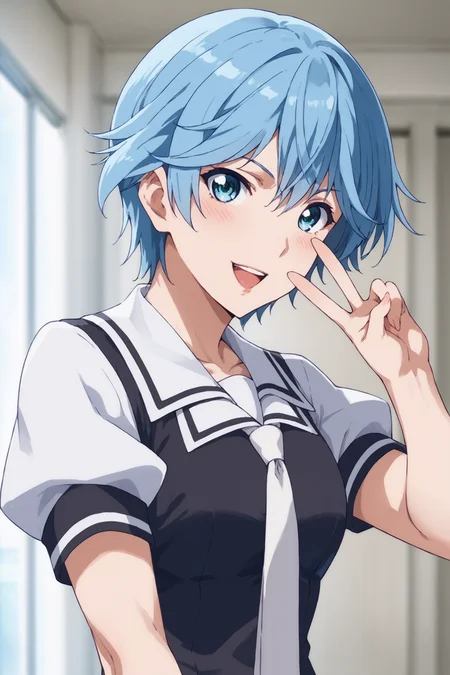 score_9, score_8_up, score_7_up, score_6_up, score_5_up, source_anime, rating_safe, indoors, 1girl, solo, looking at viewer, (dynamic pose:1.5), (upper body:1.1), fuuka akitsuki, short hair, blue hair, blue eyes, fuukasummer, school uniform, white collar, double collar, black uniform, white sleeves, short sleeves, white necktie, white skirt, pleated skirt, black kneehighs, loafers, <lora:Fuuka_Akitsuki:0.9>, <lora:age_slider_v4:2>, v sign
