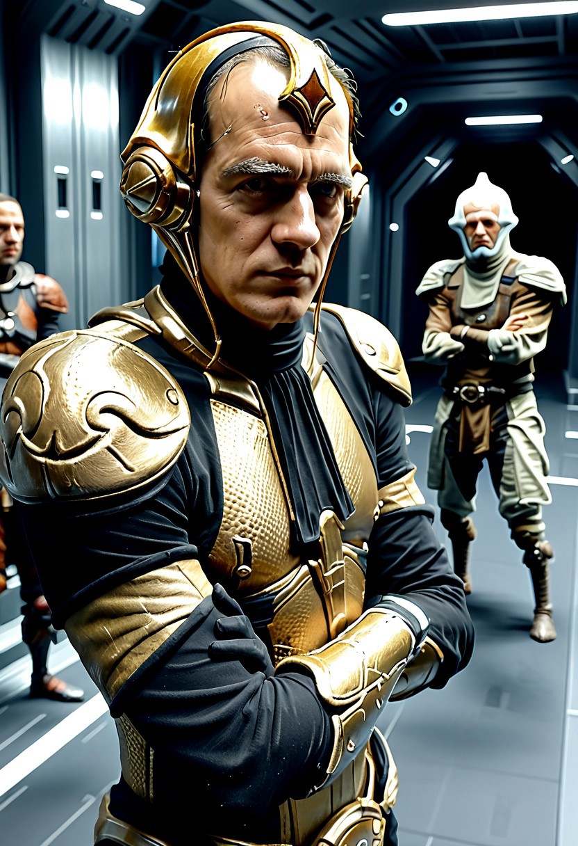 Corpus crewman in a spaceship corridor, science fiction, star wars, dramatic shot, , athletic build,
realistic texture, realism, best quality, 
Dax, dax armor, male dax armor, bishamo armor, male bishamo armor, man, gold dax armor, Wearing dax male helmet, dax male helmet,  gold armor. Arms crossed,
