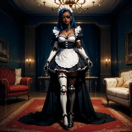 (score_9, score_8_up, score_7_up,), (thick lineart, sharp edges, cel shading, linear hatching)
BREAK
gothic architecture, living room,
BREAK
full body, 1women, dark dark-skinned female, blue hair, long hair, red eyeliner, head tilt, cybernetic neck, bionic torso, bionic skin, maid headdress, maid apron, maid, sexually suggestive, euphemism, left eyepatch,
<lora:Bad_Hands_lora:0.8>