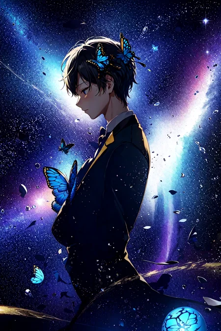 masterpiece, best quality, 1boy, blue_butterfly, butterfly, crescent_moon,glowing_butterfly, heart, male_focus, moon, planet, signature, solo, space, tanzaku,<lora:JW:0.8>,starry,strry light,night,