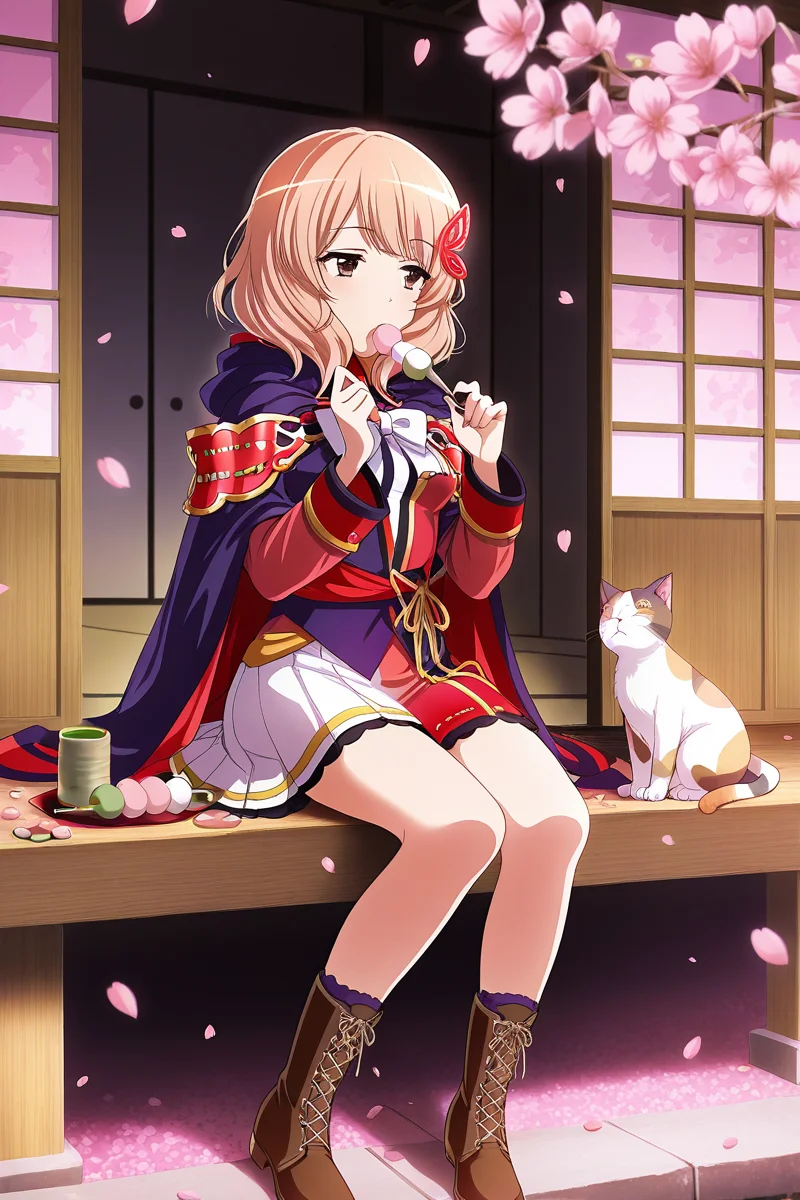 masterpiece, best quality, amazing quality,
<lora:Yuyuko_IL:1> yuyuko, 1girl, wagashi, dango, food, sanshoku dango, cherry blossoms, hair ornament, green tea, cat, eating, boots, yunomi, petals, brown eyes, sitting, skirt, solo, tea, cup, cross-laced footwear, cape, flower, veranda, blonde hair, lace-up boots