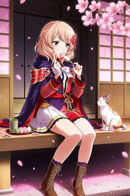 masterpiece, best quality, amazing quality,
<lora:Yuyuko_IL:1> yuyuko, 1girl, wagashi, dango, food, sanshoku dango, cherry blossoms, hair ornament, green tea, cat, eating, boots, yunomi, petals, brown eyes, sitting, skirt, solo, tea, cup, cross-laced footwear, cape, flower, veranda, blonde hair, lace-up boots
