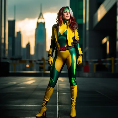 Rogue1024, a woman full body, wears a yellow and green superhero suit and a jacket, cyberpunk city background, highly detailed, photography, ultra sharp, film, professional, 64k <lora:add-detail-xl:1.5> <lora:Rogue1024:0.8>