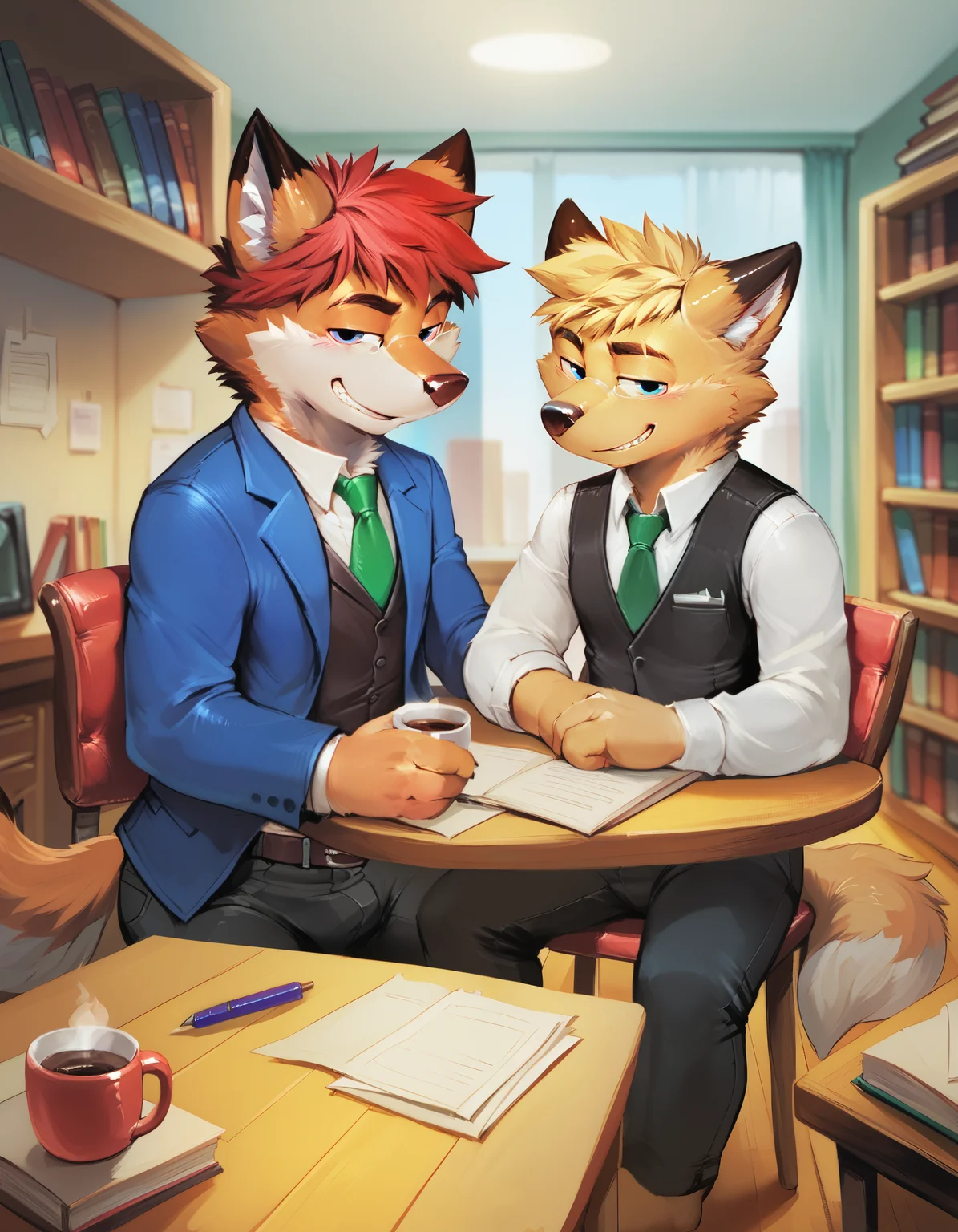 score_9, score_8_up, score_7_up, source_furry, high quality, hires, by oselotti, furry, anthro, seductive, looking at viewer, detailed background, barefoot, <lora:Oselotti_Artist_Style.safetensors:1.2>, adult, <lora:add-detail-xl.safetensors:1.0>, (anthro, mammal, male, canid, canine, multiple boys, necktie, duo, clothing, male focus, office, furry, 2boys, animal ears, canis, tail, furry male, paper, shirt, detailed background, white shirt, eyewear, book, indoors, hi res, glasses, bookshelf, green necktie, domestic dog, table, inside, fox boy, topwear, fox tail, suit, vest, cup, writing utensil, fox ears, chair, pants, hair, smile, desk, formal, holding, blonde hair, fur, clothed, blue eyes, jacket, standing, pen, looking at another, red hair, sitting, long sleeves, short hair, belt, mug, collared shirt, blue jacket, book stack, teeth, snout, coffee, black vest, grin, wooden floor, sticky note, ruler:1.1)