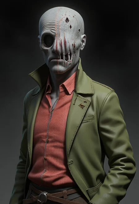 green jacket, striped red and white shirt, unibrow,
The medium is not a traditional painting or illustrative medium like watercolor or ink but rather a digital 3D rendering. MikeFranchinastyle, bbstyle,, horror theme, ZBClay model of a gray sculpture, zbrush, d4arks0uls, overcast lighting, jedioutfit