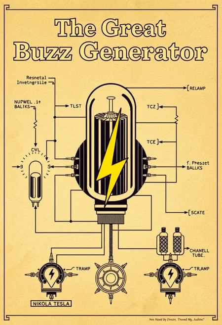 schematic, technical drawing, titled "The Great Buzz Generator" vintage, ((steampunk)), yellow lightning symbol, vacuum tubes, electrical schematic, nikola tesla vibe