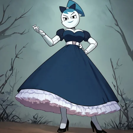 (Masterpiece, best quality:1.2), score_9, score_8_up, flat color, flat shading, soft shading, lighting, Jenny Wakeman as an adult, (((in a 1950's full length formal dark blue dress, a white belt, a fluffy frilly ruffled full white petticoat, and black high heels))), dress, layered petticoat, frilly petticoat, fluffy petticoat, full petticoat, detailed petticoat, wide skirt, detailed outfit, flowing skirt, (((long skirt))), (((solid dark blue colored dress, black high heels))), blue hair, series accurate, cute, best high quality, high res, robot, humanoid robot, (((giant breasts, cleavage))), whole body shot, 1girl, (((solo, outside, in a dark creepy forest, at night, heavy fog surrounding her, fog, heavy fog, looking at you, low angle))), (((evil, evil smile, determined evil eyes, posing gracefully and evilly))), low angle shot, cartoon, cartoon style, vector, solo, circle dress, 1950s, dance dress jenny, jenny wakeman, 1girl, solo, robot joints, black eyes, white skin, ponytail, hair bow, blue rose chest corsage, poofy dress, blue hair, flat lighting,